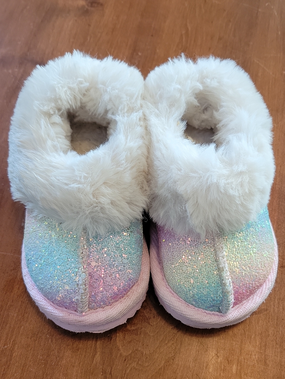wonder nation Kids Plush Rainbow Glitter Slip-Ons with Cream Faux Fur